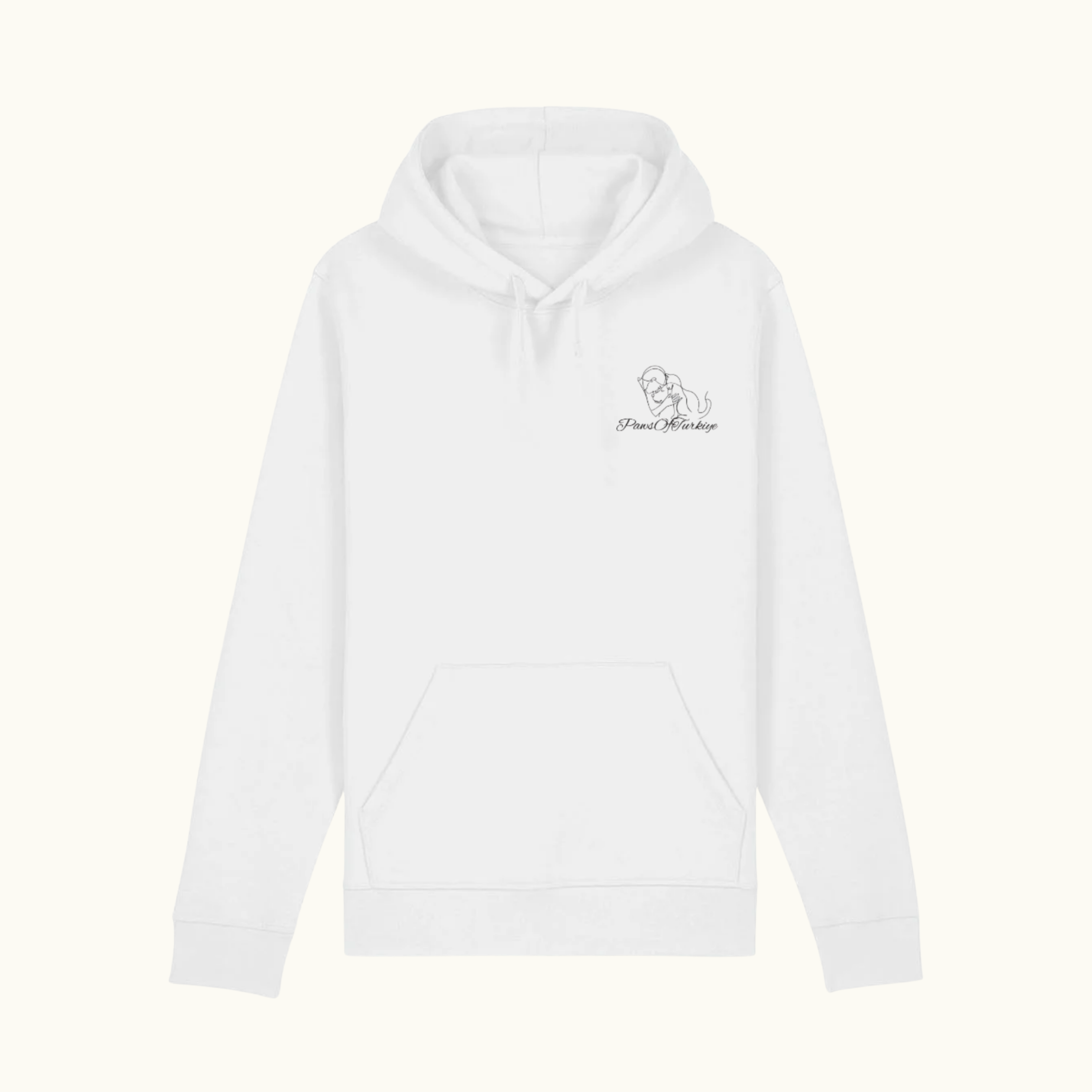 Unisex-Kapuzenpullover aus Biobaumwolle mit PawsOfTurkiye-Logo – nachhaltiges Charity-Sweatshirt von Sym Aesthetics zugunsten von Straßenhunden und Katzen.