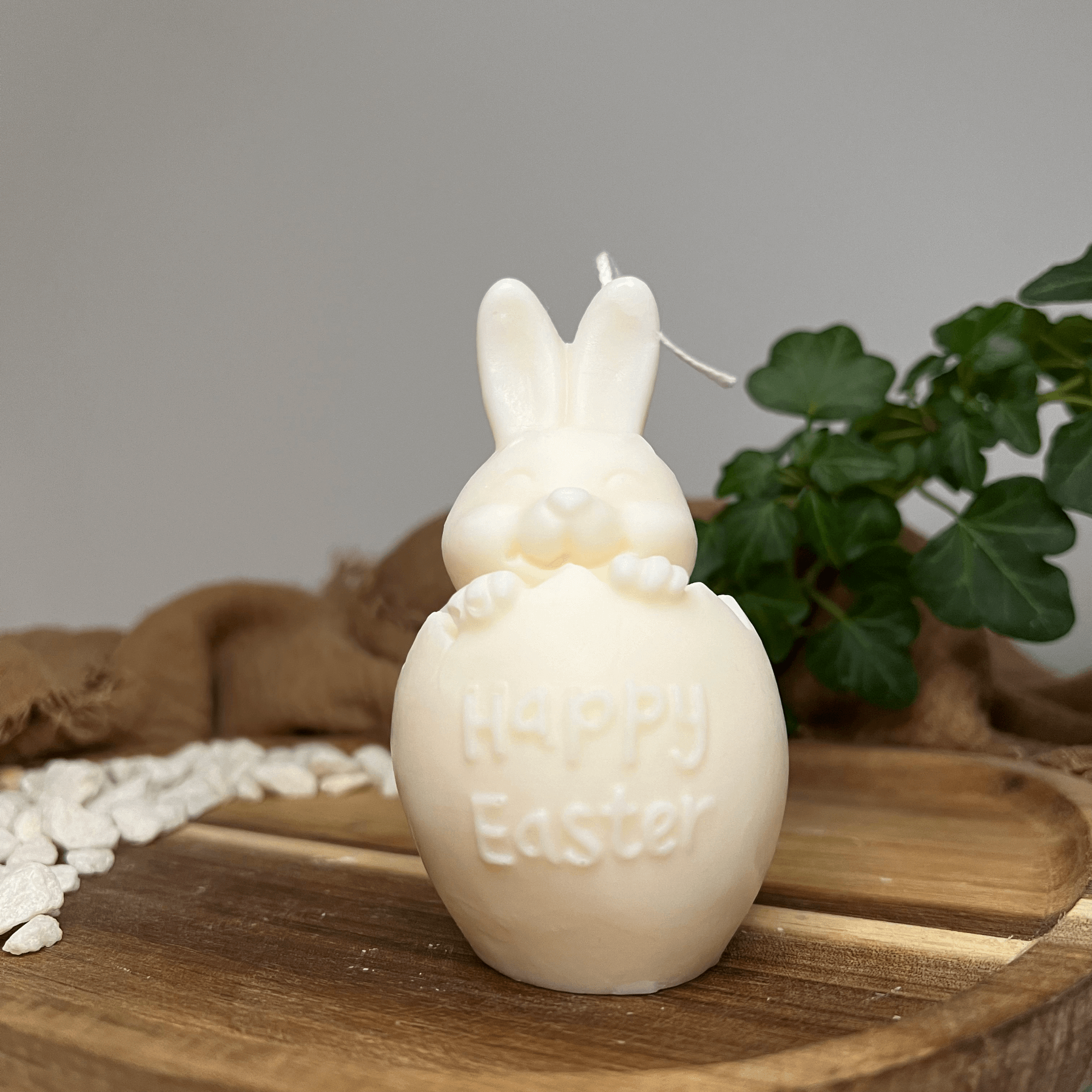 Hier sieht man unsere Easter Jubilee Bunny Kerze. Sie ist perfekt als Dekoration geeignet mit ihrem Hasen und Osterei Design. Sie sieht elegant und ästhetisch aus. Handgemacht aus hochwertigem Sojawachs. In weiß.