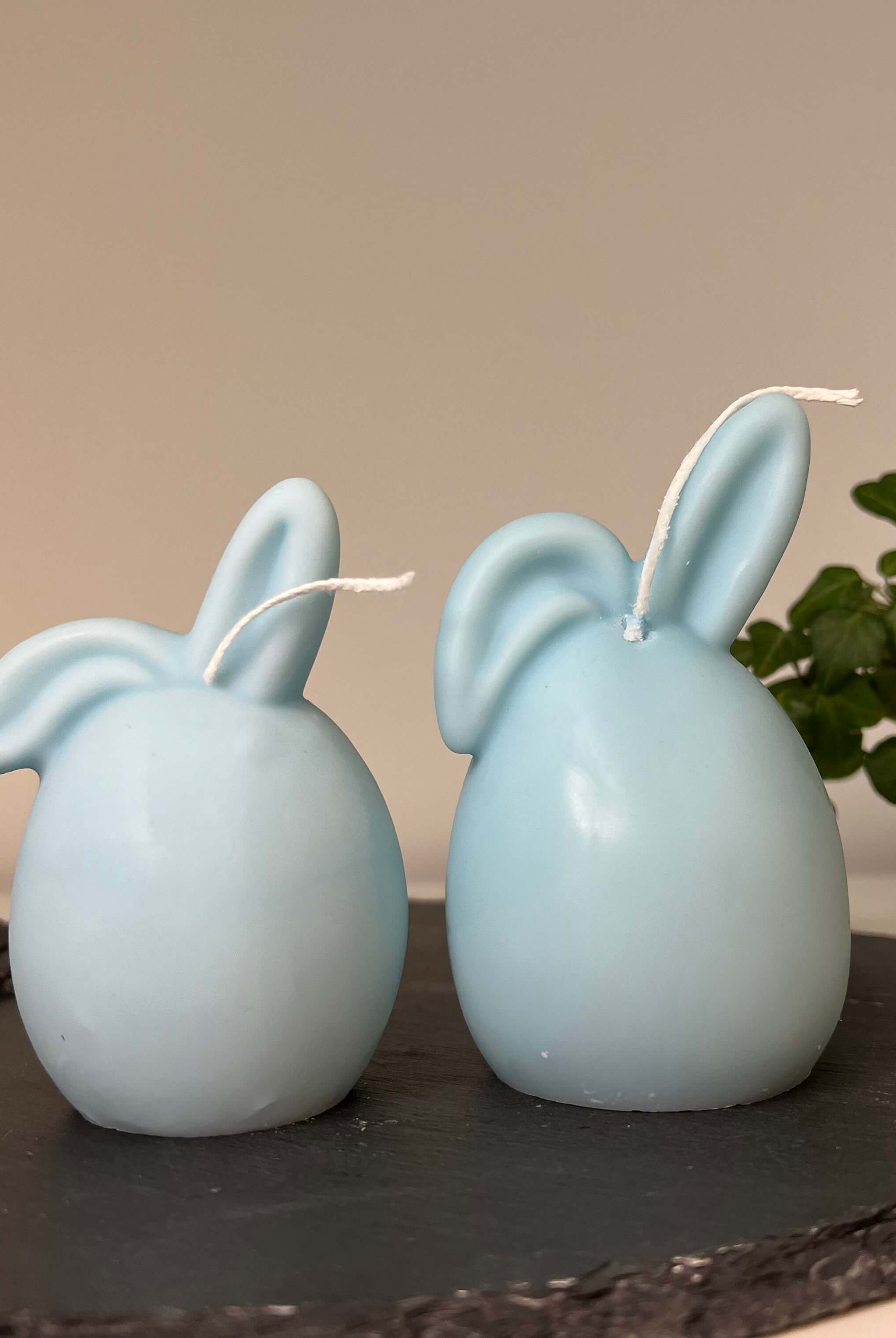 Hier sieht man unsere Hoppy Easter Egg Kerzen. Diese Osterei Hase Kerzen sind perfekt als Dekoration geeignet. Sie sind stilvoll und elegant, sowie ästhetisch. In Hellblau.