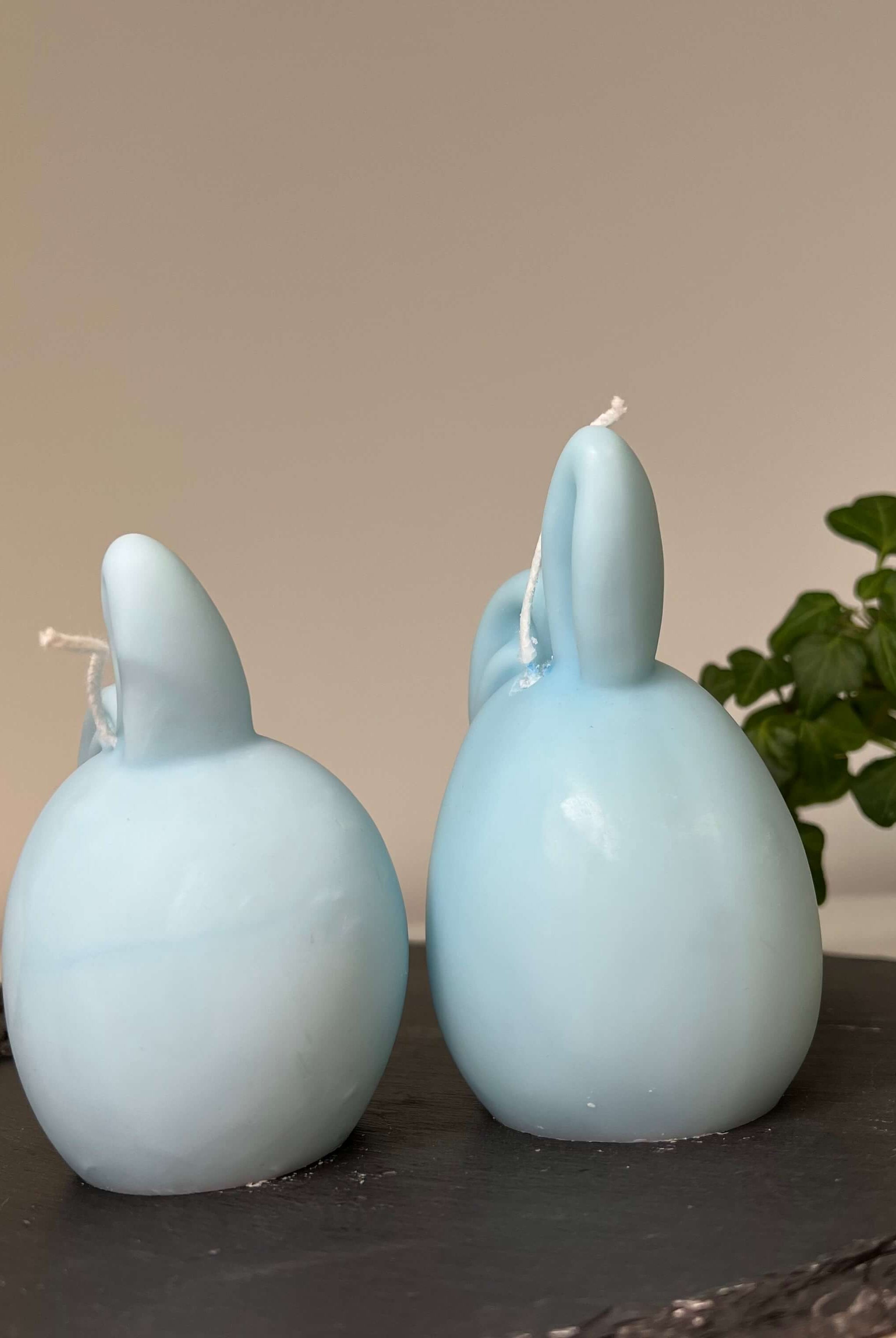 Unsere Hoppy Easter Egg Kerzen. Sie sind perfekt als Ostergeschenk und Osterkerze geeignet, dank ihrem Hasen und Osterei Design. In Hellblau.