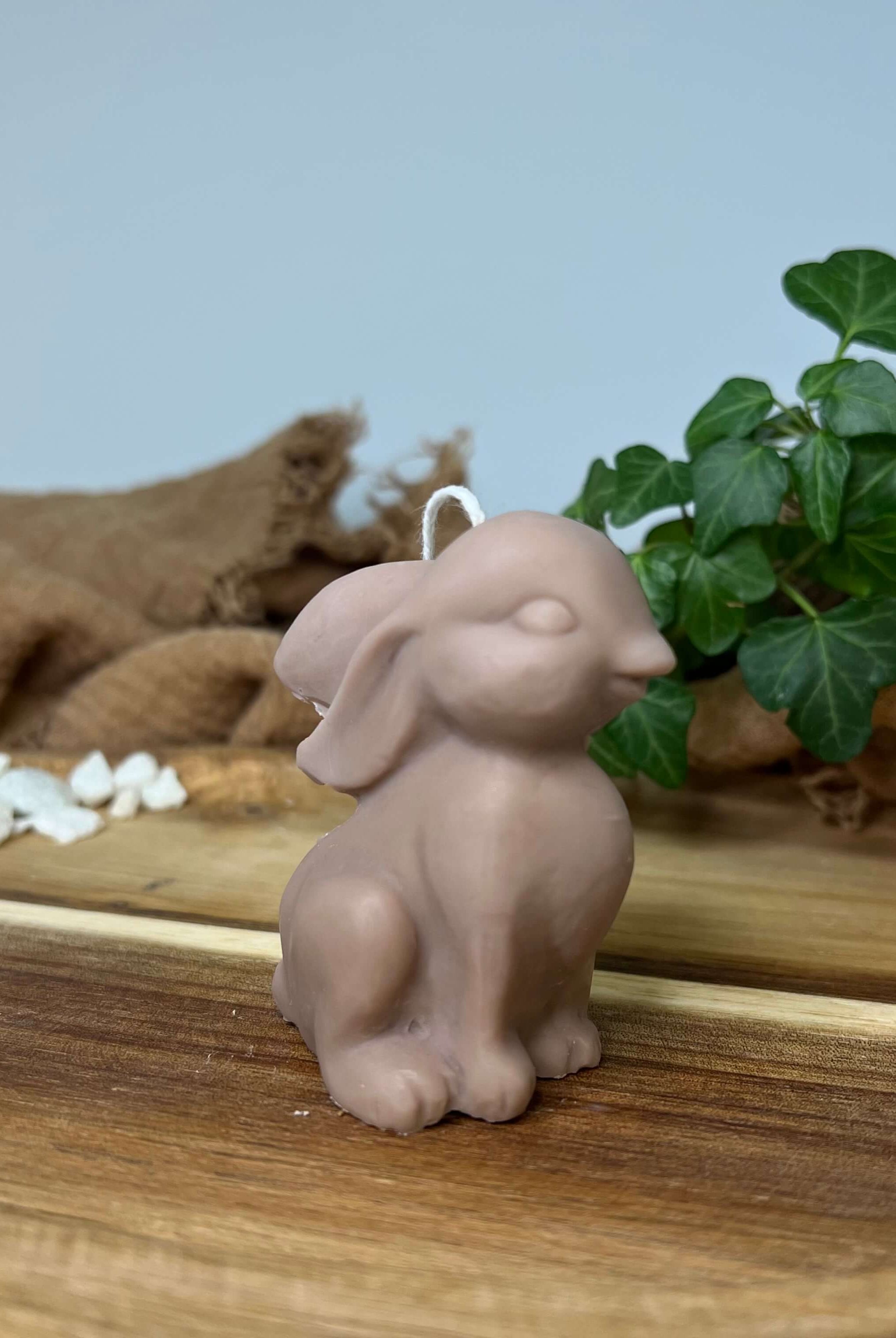 Auf diesem Bild sieht man unsere Sitting Bunny Zenlight Kerze. Sie ist handgemacht aus nachhaltigem Sojawachs. Diese Kerze ist vegan und umweltfreundlich. In der Farbe Braun.